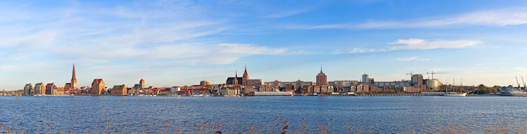 Rostock city view from the blue water sea 